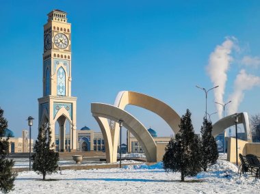 Shahristan square is the main square in Taraz with a clock tower in the center. Located at the historical and cultural zone of ancient Taraz city. Jambyl region, Kazakhstan clipart