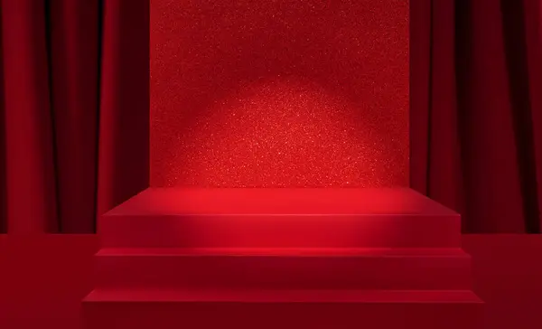 Arka planda kırmızı perdeler, kırmızı podyum ürün sahnesi sahne ışıkları ve kırmızı parıltılı arka plan, Noel, yeni yıl afişi, mutlu yıllar, yıldönümü