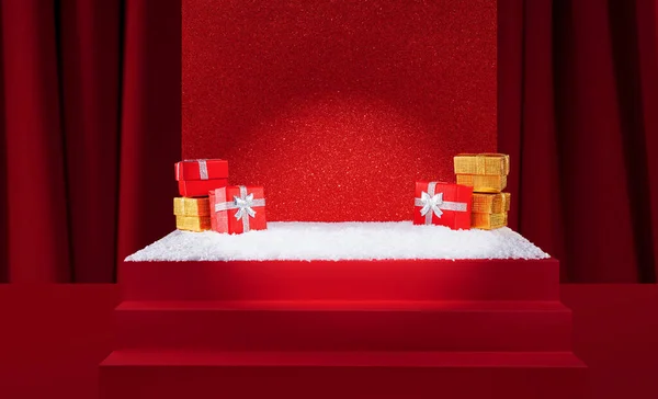 Noel, yeni yıl afişi, kırmızı kumaş kaplamalı karlı dekorasyon, arka planda kırmızı perdeler, merdivenli podyum