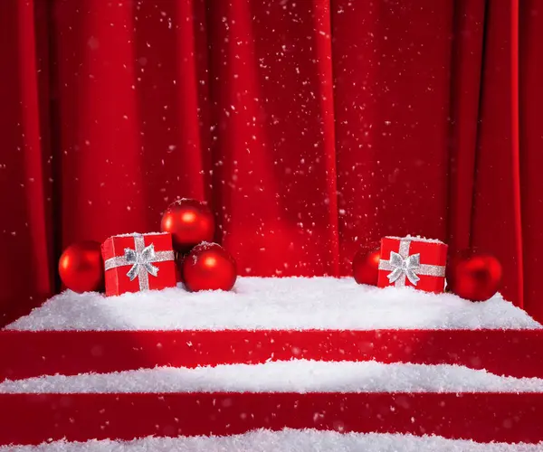 Noel, yeni yıl afişi, kırmızı kumaş kaplamalı karlı dekorasyon, arka planda kırmızı perdeler, merdivenli podyum