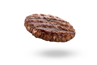  Beyaz arkaplanda pişmiş hamburger köftesi.