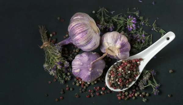 Traditional Spices Garlic Thyme Pepper Mixture Close — Stock Photo, Image