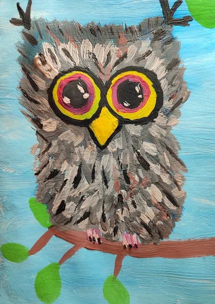 Child\'s drawing of a bright colorful owl. Owl, gouache drawing