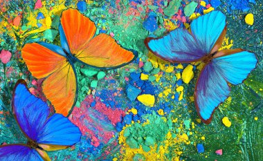 bright tropical morpho butterflies on the background of colorful colored crayons. color concept. top view clipart