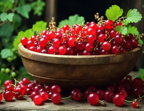 juicy ripe red currants on a dish on a wooden table in a rustic style