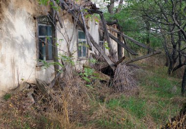 old destroyed Ukrainian hut in the village. abandoned traditional Ukrainian rural huts clipart