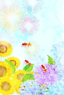 ayçiçekleri ortanca Japon balığı suluboya arka plan