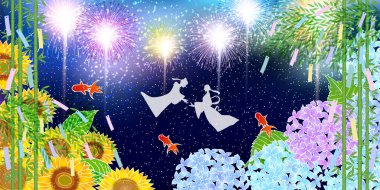 Tanabata Havai Fişekleri Yaz Ayçiçeği Arkaplanı