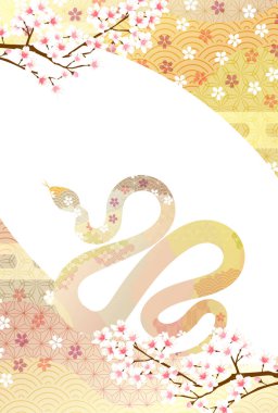 Yılan Yeni Yıl kartı Kiraz çiçeği arka planı