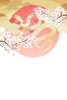 Yılan Yeni Yıl kartı Kiraz çiçeği arka planı