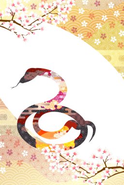 Yılan Yeni Yıl kartı Kiraz çiçeği arka planı