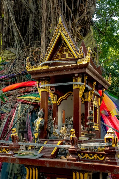 A spirit house with an an old banyan tree behind it. Traditional Thai Miniature house built for guardian spirit to reside. Food and drink are common offerings from Buddhists and worshipers.