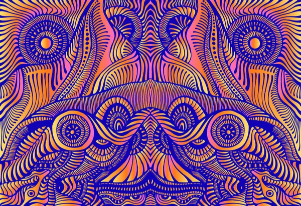 Motley Simetrik Hippi Trippy Psikedelik Desen Karmaşık Dalgalı Süslemeler Parlak — Stok Vektör