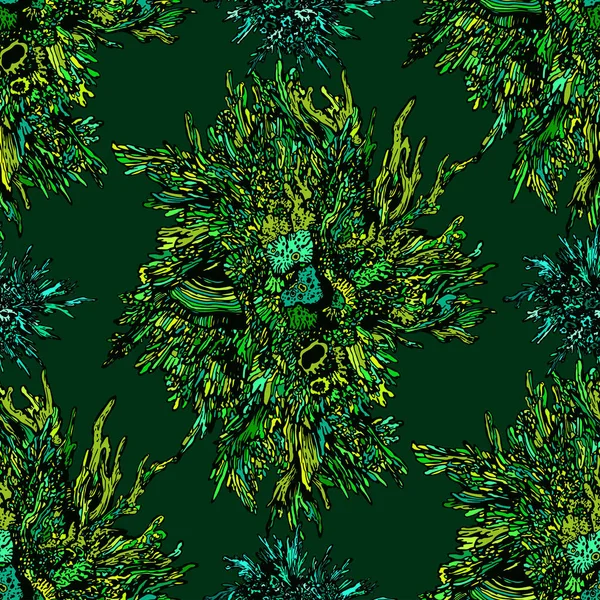 Цветные Мхи Бесшовный Узор Изолированные Темно Зеленый Лесные Декоративные Растения — стоковый вектор