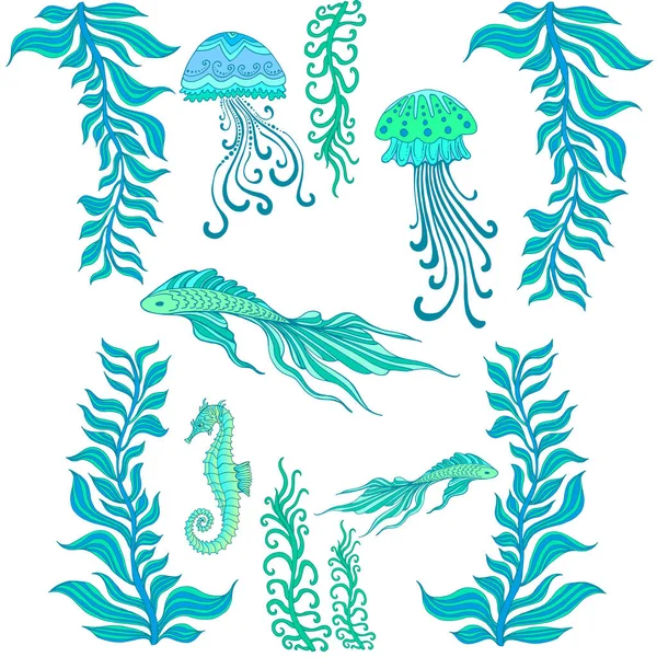 Set Dibujos Animados Lindo Pez Animal Caballito Mar Medusas Aislado — Vector de stock