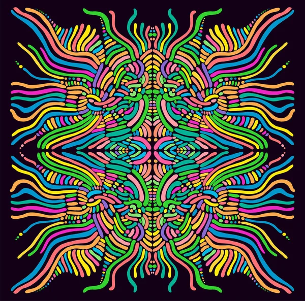 Motley对称嬉皮士迷幻抽象图案 有许多复杂的波浪形饰物 明亮的霓虹灯色纹理 明亮的曼达拉花背景 矢量手绘创意 — 图库矢量图片