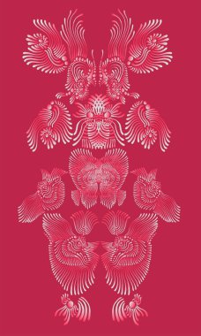 Gerçeküstü soyut psikedelik renkli simetrik desen, pembe beyaz eğim çizgisi, kıpkırmızı arka planda izole. Vektör el çizimi yaratıcı illüstrasyon.