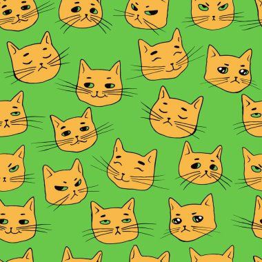 Eğlenceli kızıl saçlı kedilerle kusursuz bir düzen. Hayvanlarla renkli vektör karalama stili. Çizgi film stili komik kediler arka planı.