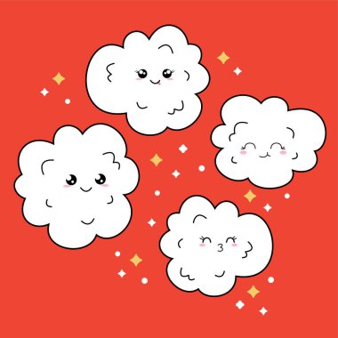 Neşeli, şirin patlamış mısır ve farklı suratlar. Vektör çizgi film Kawaii karakter çizimi. Eğlenceli logo simgesi tasarımı. Atıştırmalık yiyeceklerle düz stil arkaplan.