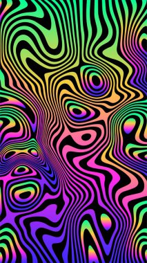 Psikedelik renkli, modaya uygun sıvı trip dalgaları arka planı. Gökkuşağı neon renkleri soyut desen, labirent süs dalgası. Vektör dekoratif eğlence çizgileri çizimi.
