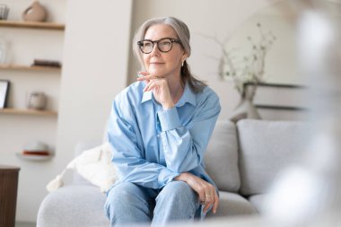 Oturma odasındaki kanepesinde dinlenen mutlu olgun bir kadın. Mavi gömlekli mutlu kadın portresi gülümsüyor..