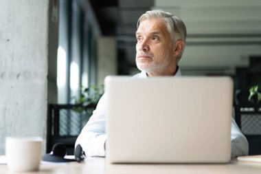 Olgun 40 'lar odaklı iş adamı, dizüstü bilgisayarla çalışan yönetici ofiste veri tabanında araştırma yapan. Başarılı iş adamı, lider, CEO müdürü, borsa şifreli para ticareti.