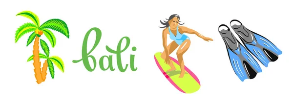 Conjunto Objetos Símbolos Ilha Bali Barbatanas Palmeira Surf Uma Inscrição — Vetor de Stock