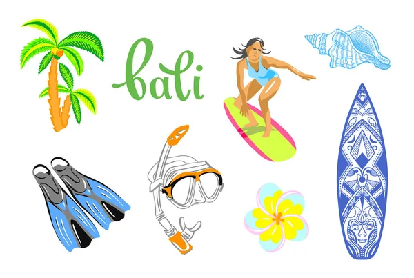 Vakantie Het Eiland Bali Symbolen Set Vector Illustratie — Stockvector