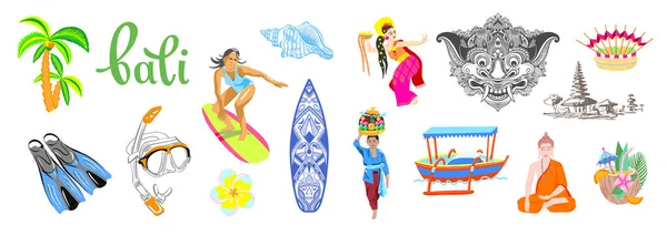 Zestaw Symboli Podróży Bali Religia Surfing Nurkowanie Ilustracji Wektor Wyspy — Wektor stockowy