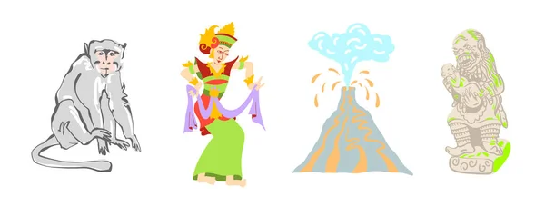 バリ文化のシンボル 伝統舞踊 アグン火山と悪魔の彫刻 ベクトルイラスト — ストックベクタ