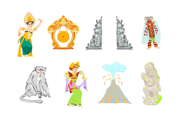 Sada Symbolů Bali Indonesia Plochém Stylu Sbírka Vektorových Ilustrací — Stockový vektor