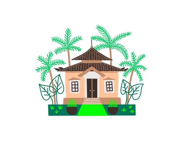 Tradiční Indonéský Dům Rovinatém Stylu Palmami Rostlinami Vektorová Ilustrace — Stockový vektor