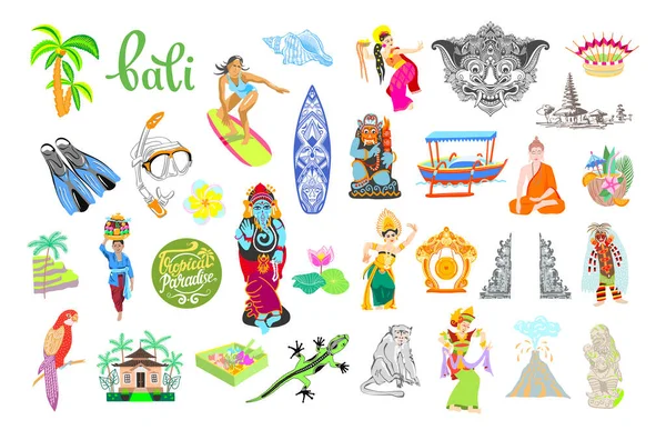 Conjunto Bali Indonesia Elemento Símbolos Tradicionales Balinés Diseño Plano Estilo — Vector de stock