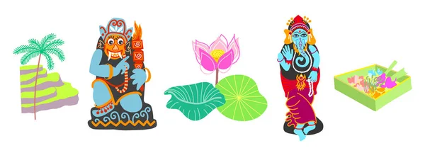 Set Bali Symbolen Rijstterrassen Lotusbloem Barong Ganesh Traditionele Offerandes Vlakke — Stockvector