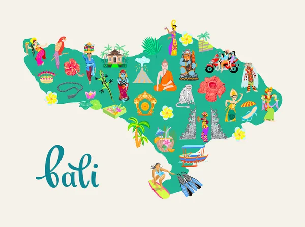 Mapa Bonito Dos Desenhos Animados Ilha Bali Indonésia Ilustração Vetorial — Vetor de Stock