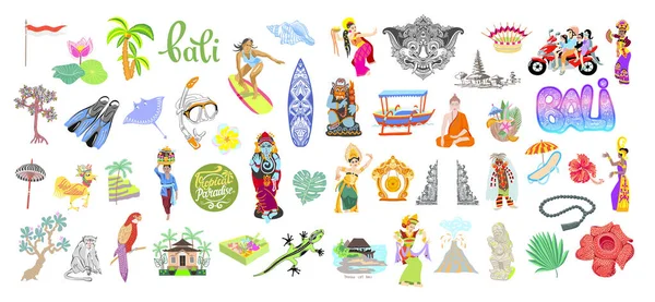 Mega Conjunto Símbolos Tradicionales Isla Bali Indonesia Balinés Diseño Plano — Vector de stock