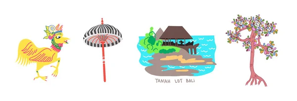 Sada Balijských Symbolů Kohout Rituální Deštník Chrám Strom Plochý Design — Stockový vektor