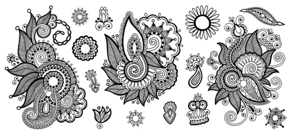 Collection Black Linear Images Indian Style Henna Tattoos Vector Illustrations Vector Graphics