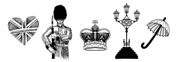 Doodle Great Engelska London Symboler Engelska Krona Vakt Paraply Vektor Royaltyfria Stockvektorer