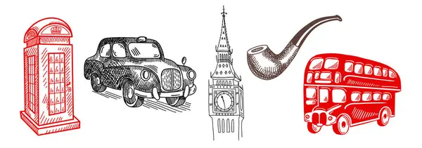 Набір Чудових Символів Лондона Big Ben Телефон Double Decker Bus Ліцензійні Стокові Вектори