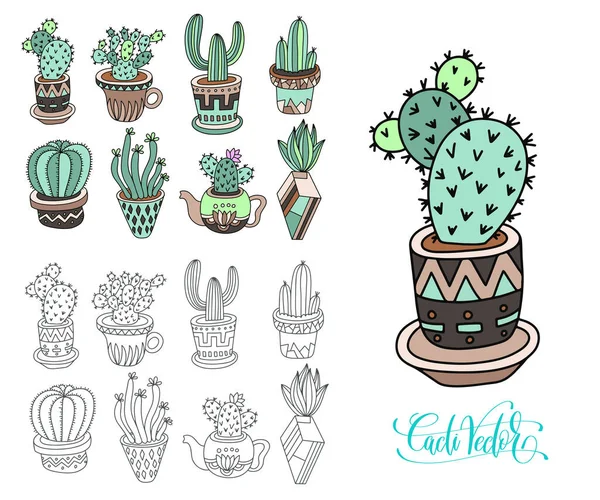 Doodle Sketch Drawing Flat Style House Plants Flowerpots Cacti Vector Stock Vector