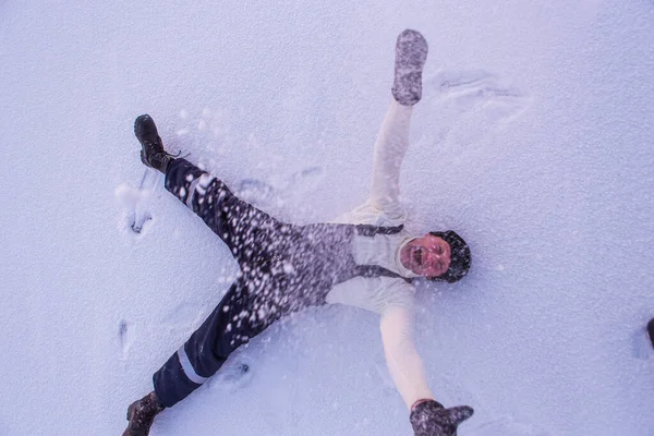 Cheerful Brave Man Black Clothes Having Fun White Snow Winter — Stock Photo, Image