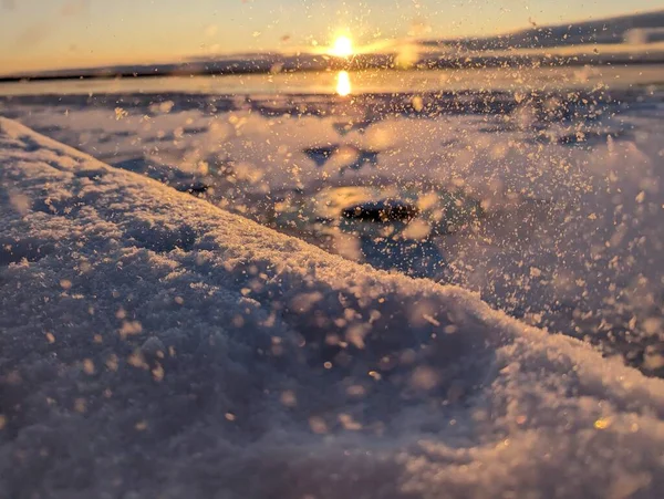 Hard Frost Sunset Frozen River Snowdust High Quality Photo — Stock Photo, Image