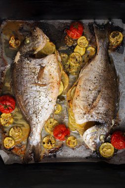 Baked dorado fish with vegetables on baking sheet. Top view, above