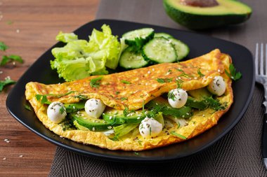 Omelette with mozzarella cheese and avocado. Ketogenic, keto diet breakfast.