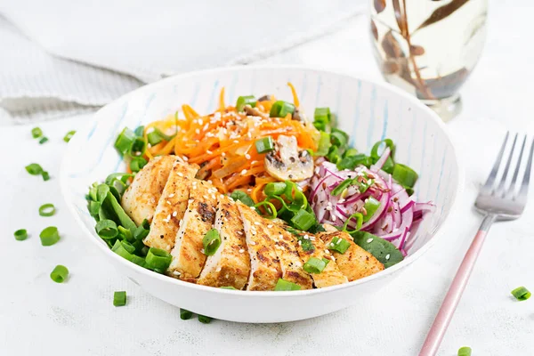 Grilled Chicken Fillet Carrot Pasta Healthy Lunch Menu Keto Food Stock Picture