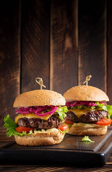 Beef Hamburger Sandwich Beef Burger Tomatoes Cheese Pickled Cucumber Lettuce Stock Photo