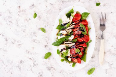Konsept tasarım için domates salatası. Beyaz arka plan, yakın plan. Yemek konsepti. Üst görünüm