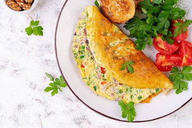 Domatesli omlet, peynir ve beyaz tabakta kırmızı soğan. Frittata - İtalyan omleti. Üst manzara, düz uzanma