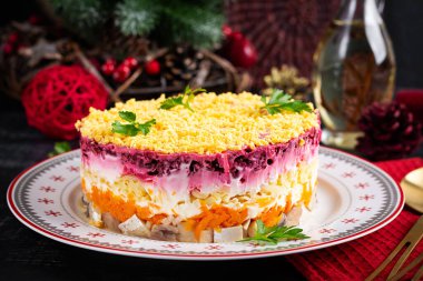 Ringa, pancar, patates, havuç ve yumurtadan geleneksel Rus çoklu katmanlı salatası. Kürk mantonun altında ringa salatası.